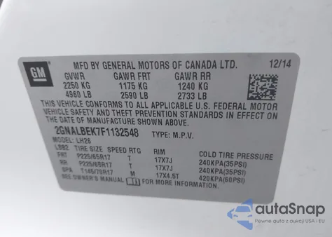 2015 Chevrolet Equinox 1Lt from USA, damaged, VIN 2GNALBEK7F1132548